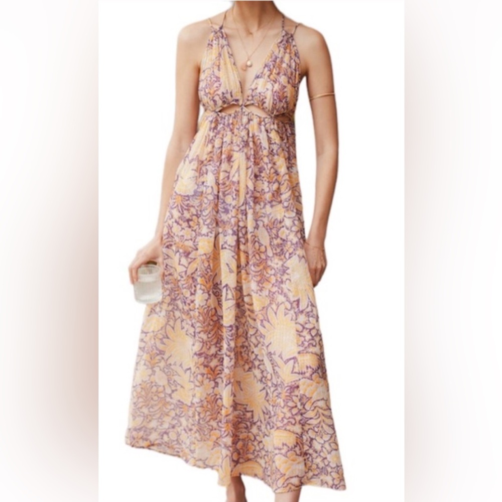 ANTHROPOLOGIE Cutout Maxi Dress Bohemian Inspired Lilac/Yellow Floral Print Sm.